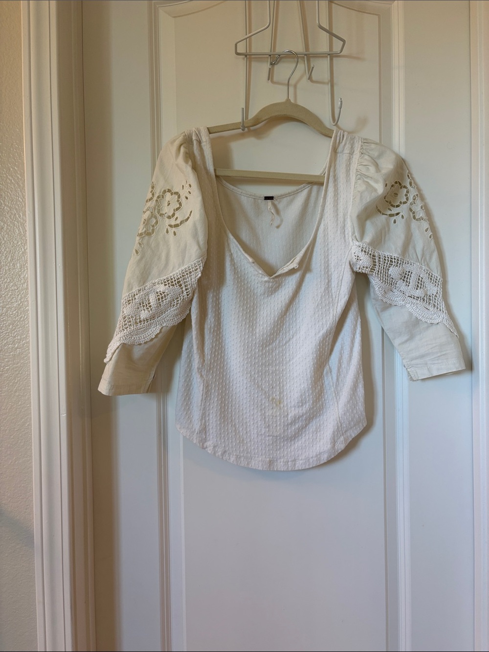 Free People Cream Embroidered Crochet Sleeve Peasant Blouse
